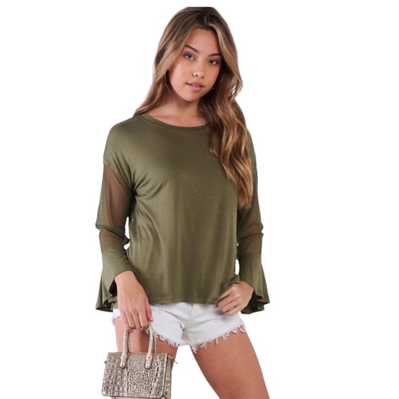 Stretch Knit Sheer Bell Sleeves Top - Picture 3 of 3